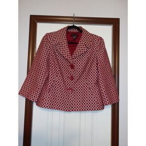 Rafaella Red‎ & White Geometric Pattern Cropped Blazer Professional Jacket